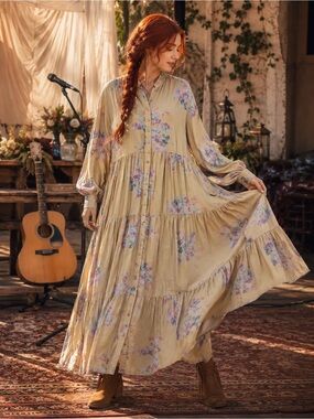byTiMo Romantic Floral Maxi Dress Boho Cottagecore Prairie Style XL